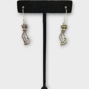 Silver Tone Cat Earrings 925 Sterling Silver Ear Wires